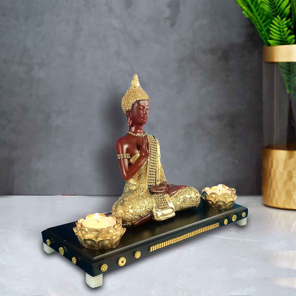 Brown Meditating Buddha Idol on Wooden Tray